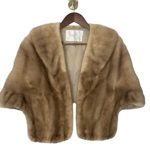 Vintage Women's Genuine Mink Fur Shawl Mobwife Luxury Bride Open Sleeve Brown